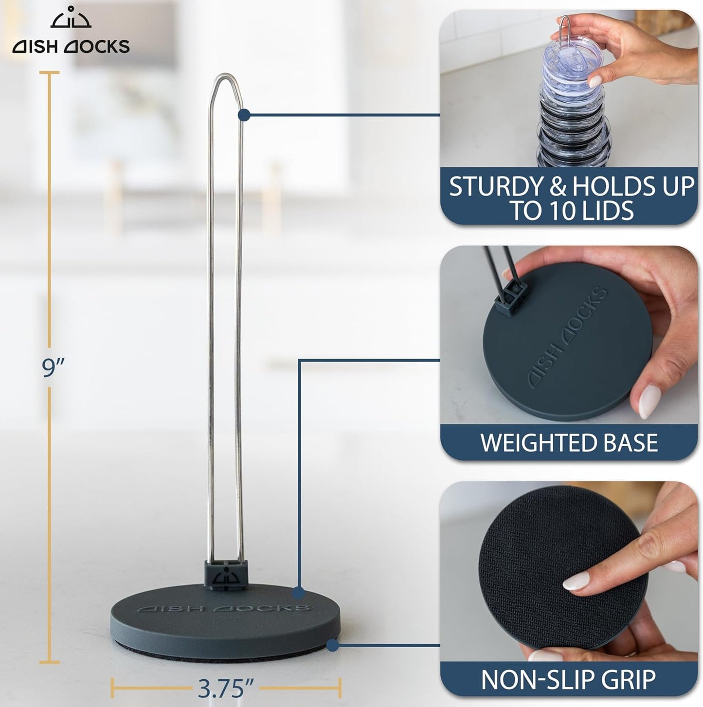 Tumbler Lid Organizer for Cabinet & Countertop - Slim Space-Saving Lid Holder with 9" Sturdy Bar & Weighted, Non-Slip Base - Vertical Storage Cup Lid Organizer - Collapsible Lid Rack for 10 Lids
