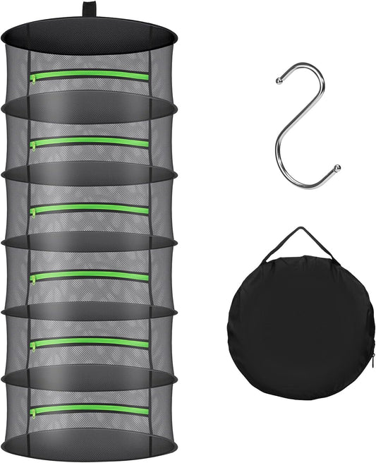 Herb Drying Rack with Mesh Design - Hanging Herb Dryer with Green Zipper for Garden, Home, Indoor or Outdoor Use (6layer)