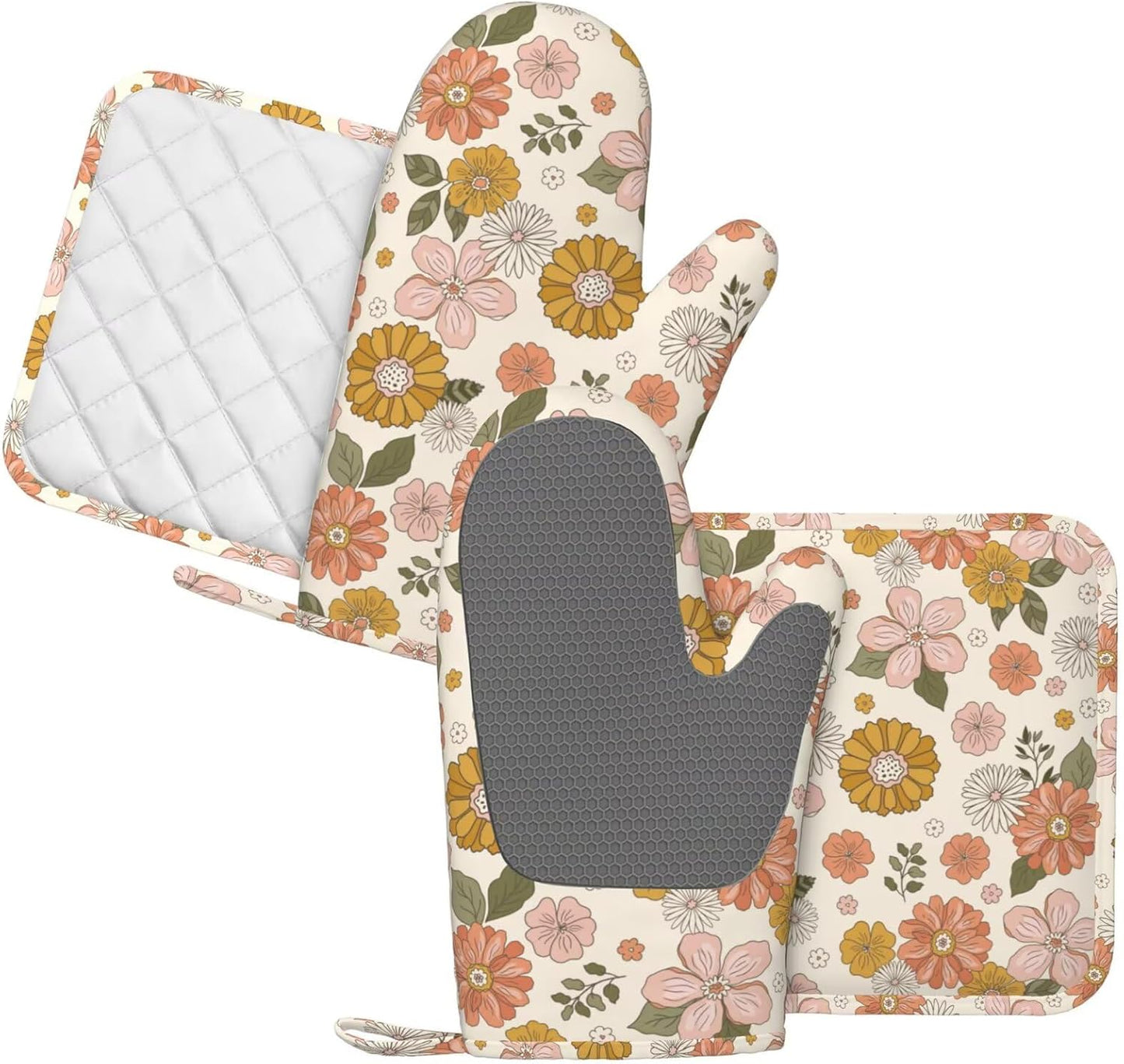 Retro 70s Style Flower Oven Mitts and Pot Holders Set of 4 Silicone Retro Boho Groovy Flower Kitchen Mitten Gloves and Non-Slip Potholders Set Heat Resistant Oven Gloves Hot Holders for BBQ