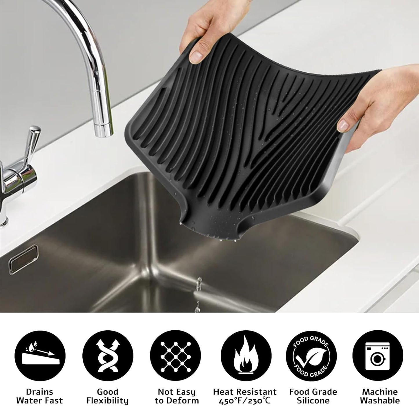 Silicone Dish Drying Mat for Kitchen Counter, Dish Drying Pad, Non-Slip Drain Pad with Built-in Drain, Heat Resistant Stone Drying Mat, 1 set XL(Black)
