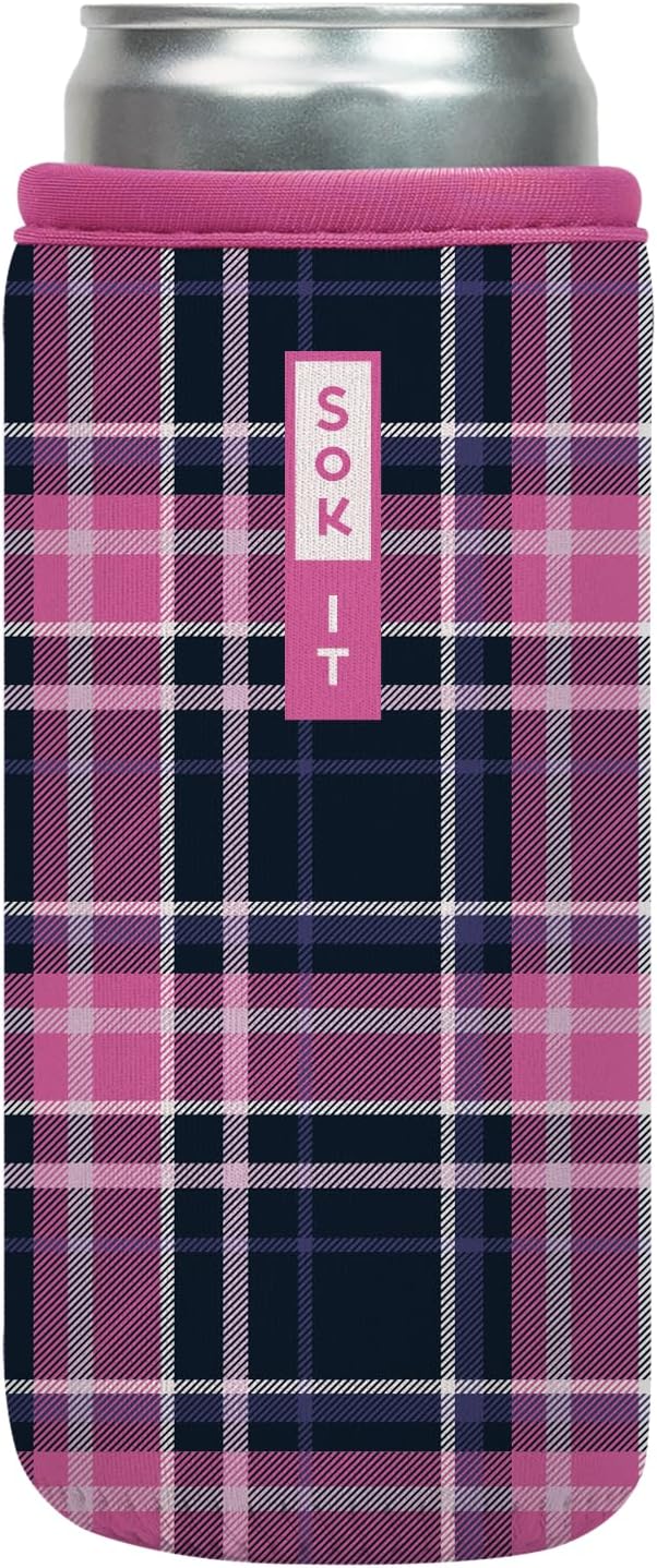 Sok It CanSok Sleeve for Beer & Soda Insulated Neoprene Cover (Berry Plaid, 12oz Slim Can Sleeve)