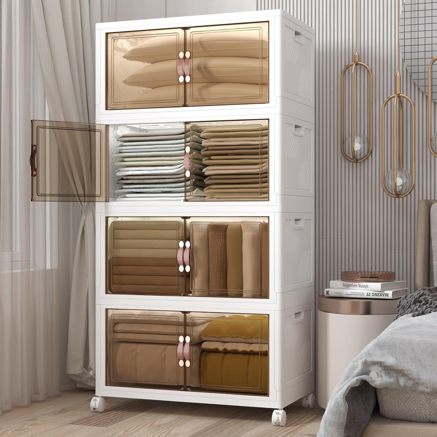 Extra Large Stackable Storage Bins with Lids and Wheels, Foldable Collapsible Closet Organizers,672QT-168QT/42GAL*4Pack Plastic Stackable Storage drawers for bedroom Dorm