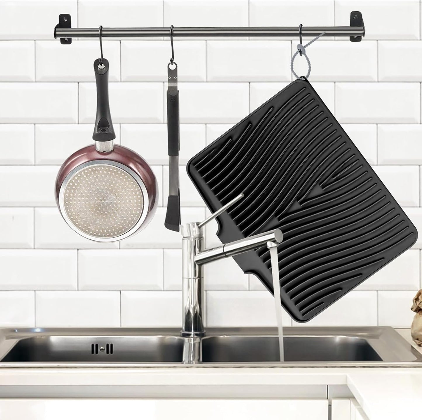 Dish Drying Mat, Stone Drying Mat for Kitchen Counter with Built-in Drain, Non-Slip Drying Matt Kitchen Counter, Heat Resistant Silicone Drying Mat, Dish Drying Pad, 2 Pcs (Black 19.7" x 17")