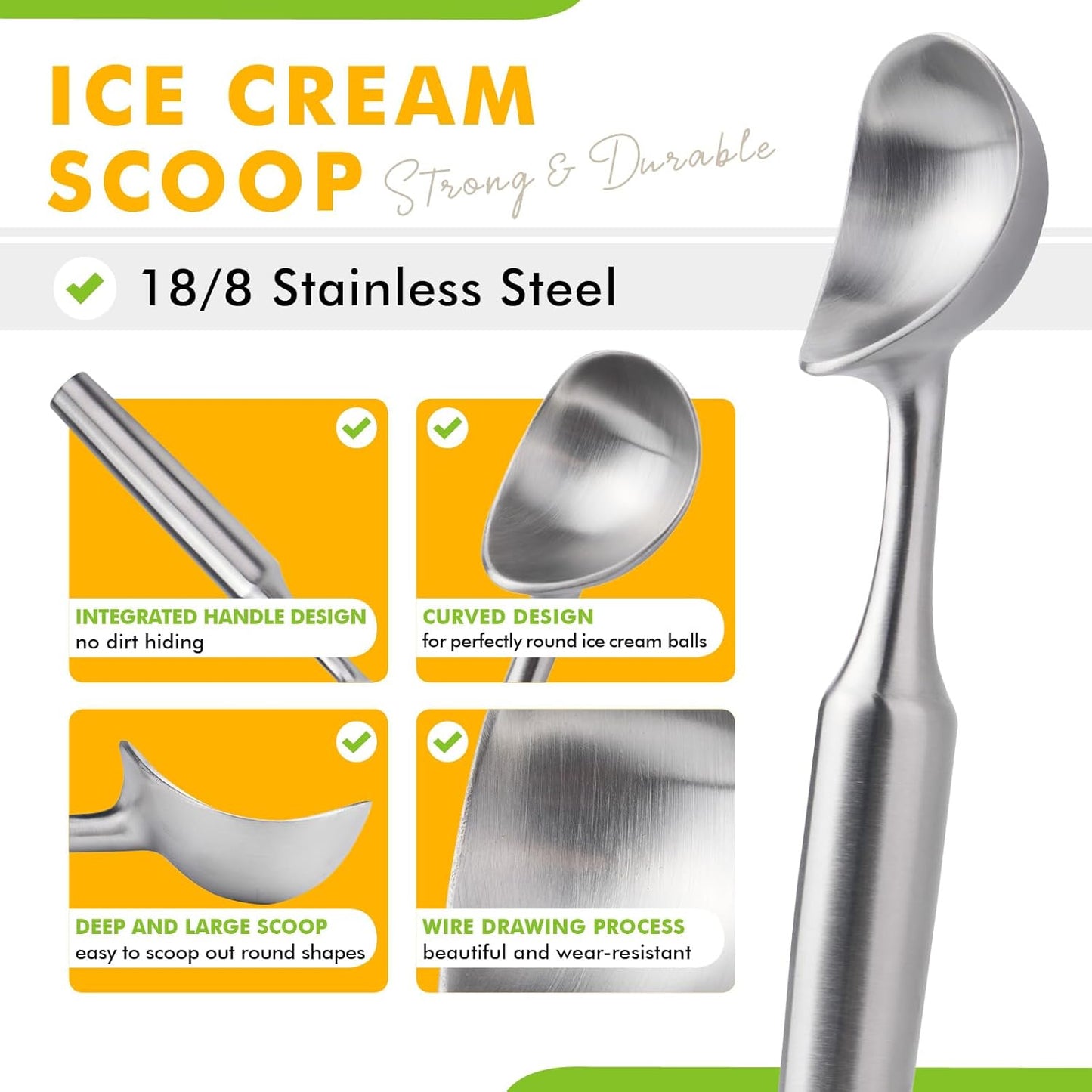 Ice Cream Scoop Stainless Steel. Ice Cream Scooper, Heavy Duty, Seamless Design, Comfortable Grip Long Handle, for Ice Cream, Gelato, Sorbet, Cookie Dough, Melon, Frozen Yogurt
