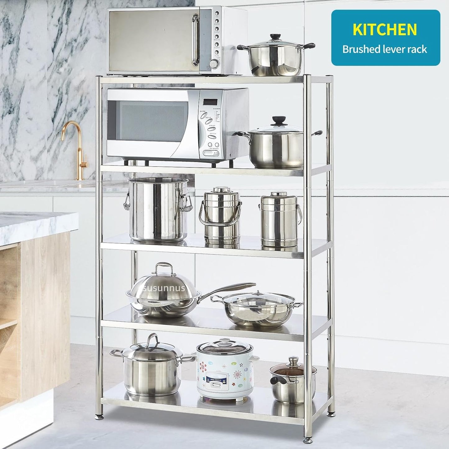 susunnus 5-Tier Stainless Steel Shelf, Heavy Duty Shelving for Kitchen, Garage, Industrial Storage, Kitchen Shelves Adjustable Feet, Easy to Clean (5T-35.8in*15.8in(Without guardrails))