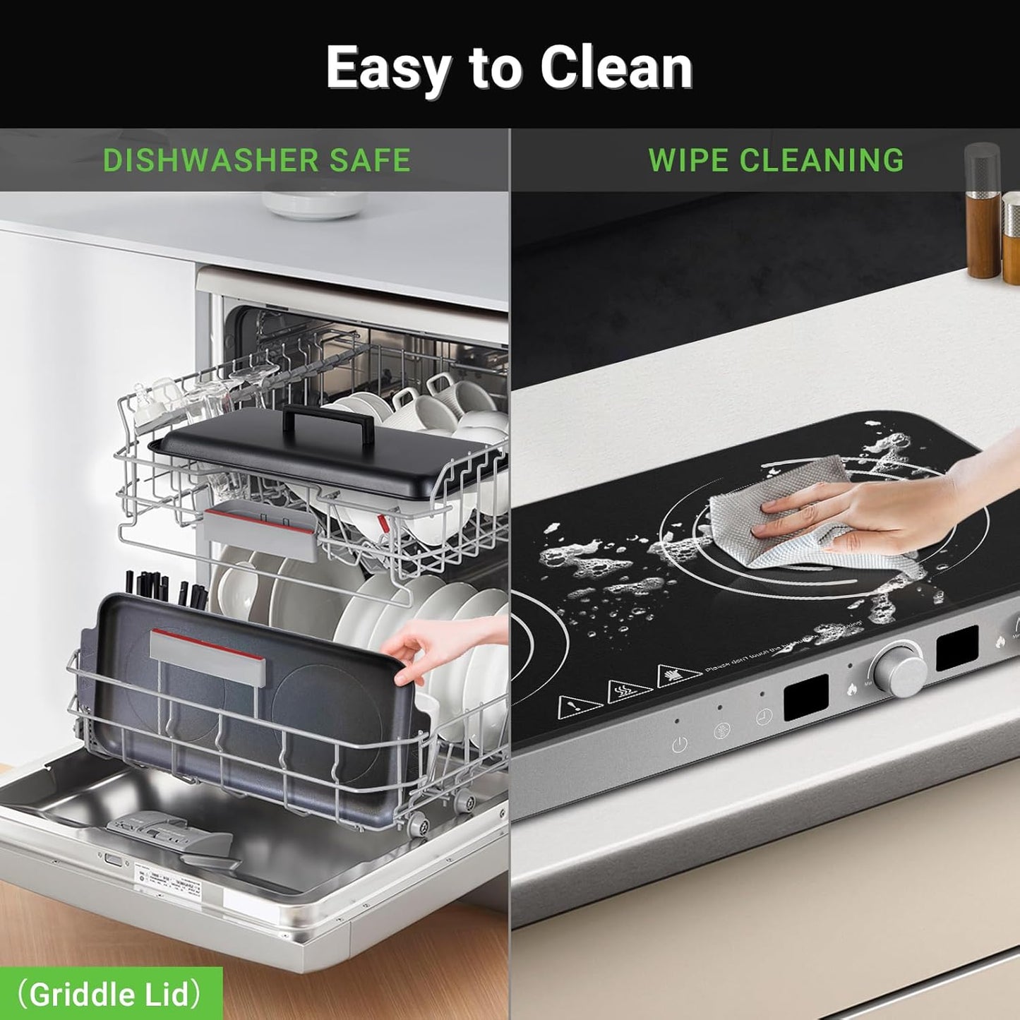 AMZCHEF Double Induction Cooktop with Removable Griddle Pan Non-stick, 1800W 2 burner Portable Induction Stove With Sensor Touch 9 Power Levels, 99 Min Timer, Iron Grey