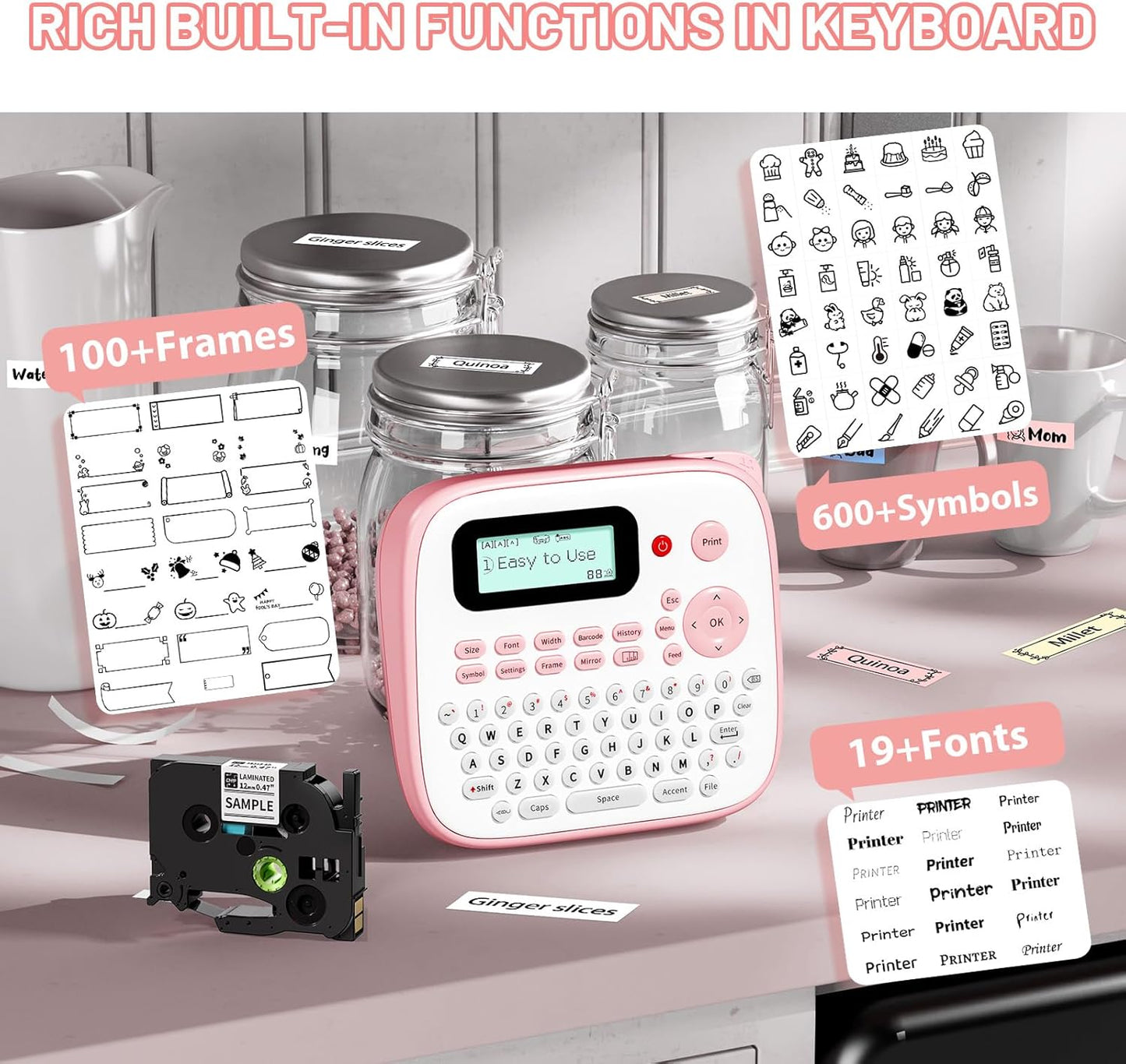 Pink Label Maker Machine with-Tape, Kids Label Maker Waterproof-Labels, D210S Portable Labeler Machine Multiple Fonts Frames Barcode for Home Kitchen Office School Use