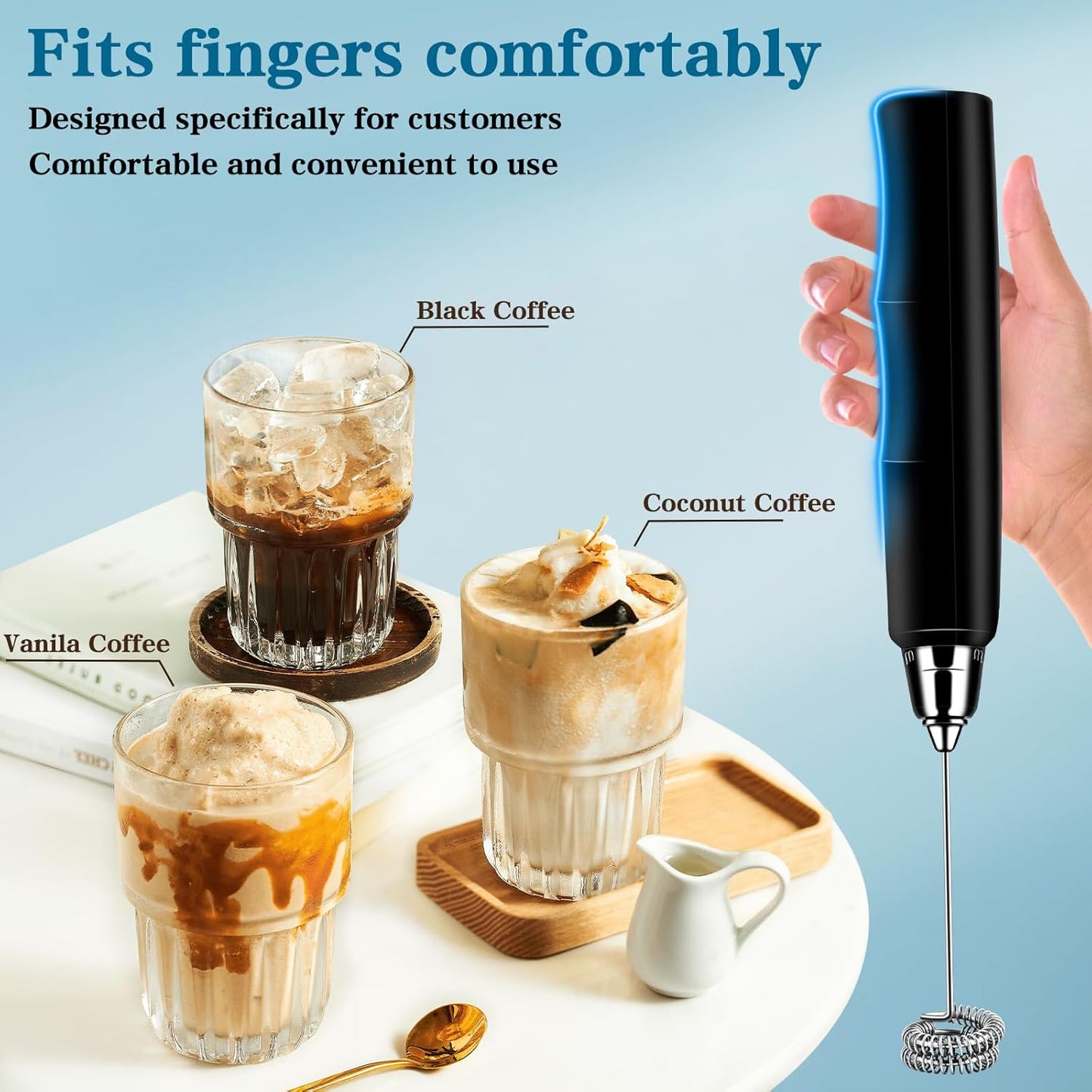 Milk Frother Handheld for Coffee, Electric Whisk 3 Speed Adjustable, Drink Mixer with Stainless 3 Whisks, Rechargeable Hand Frother Wand, Foam Maker for Latte Cappuccino Hot Chocolate Egg Black
