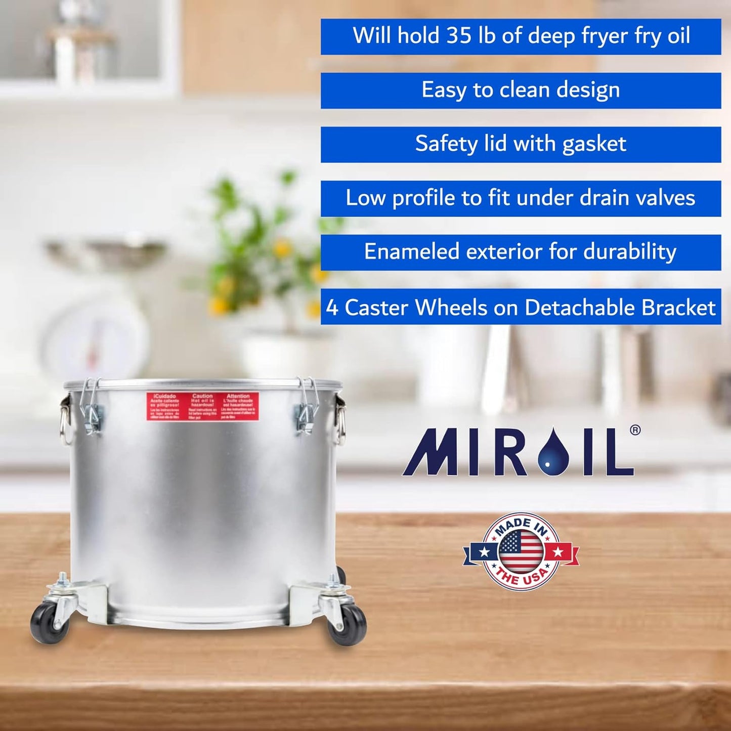 MirOil 5 Gallon Oil Disposal Caddy with Caster Wheels, USA Made Deep Fryer Grease Bucket Pot with Lid Lock &Lock Clips, 35lb Frying Oil Disposal Storage Container, Filtering Hot Cooking Grease - #40LC