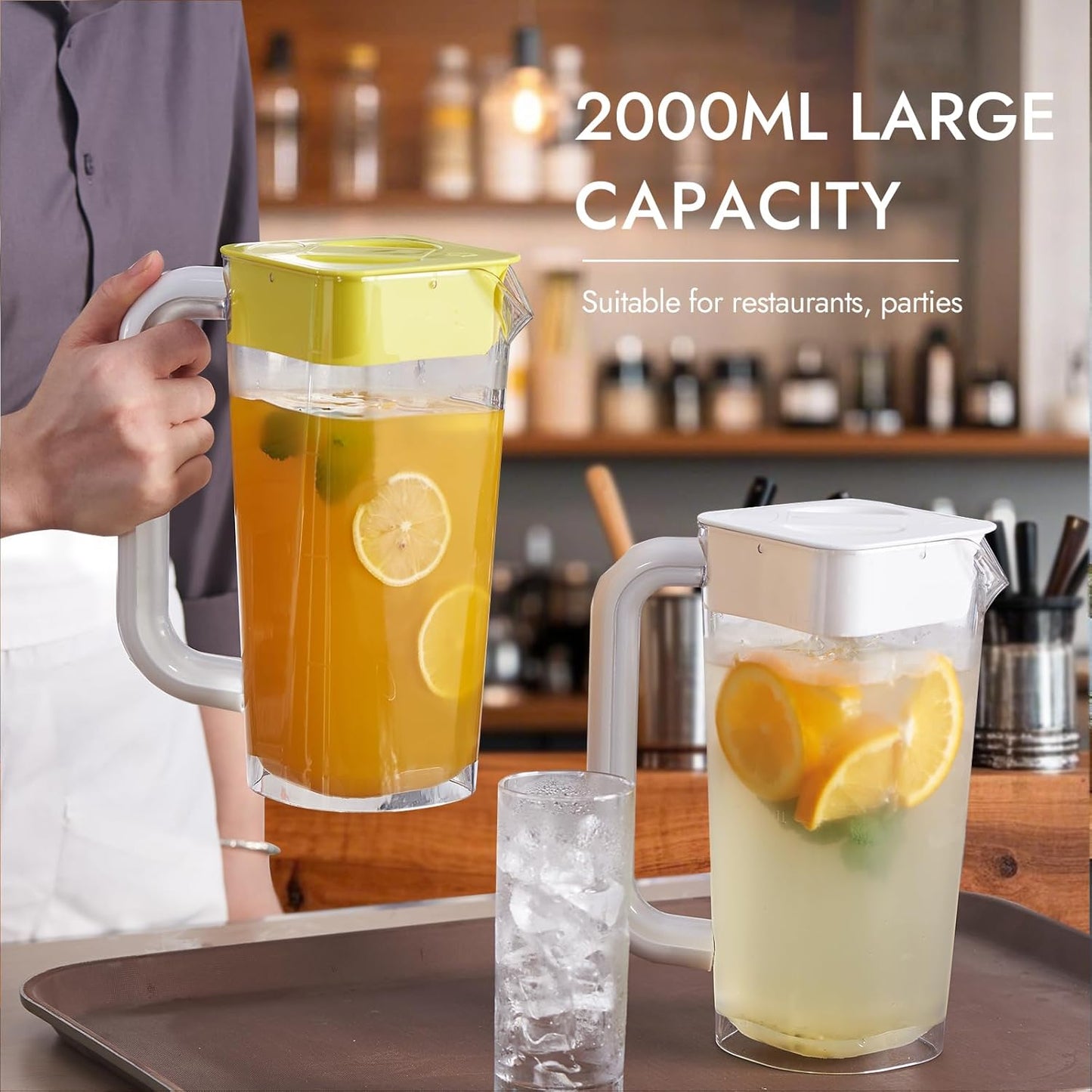 CURTA 2 Pack 2 Liters/68 oz clear Plastic Square Pitcher with Lid & Handle for Kitchen,ICED JUICE and Coffee Carafe Beverage Serveware, Acrylic Water Jug for Hot/Cold Drinks&lemonade