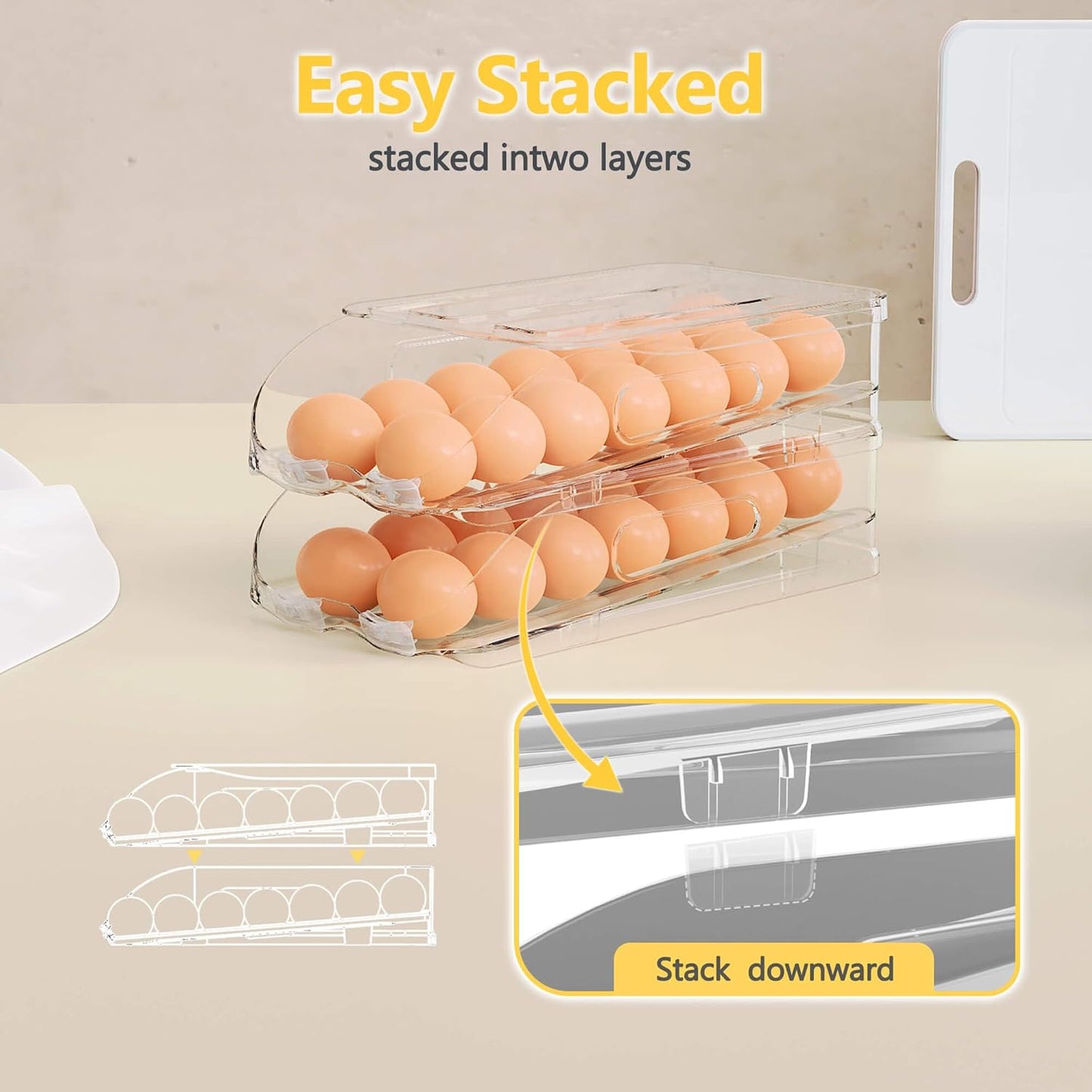 Egg Holder for Fridge, Automatic Steady Rolling Egg Container with Soft Bumpers & Handle for Refrigerator, Stackable Fridge Organizers and Storage with Lid