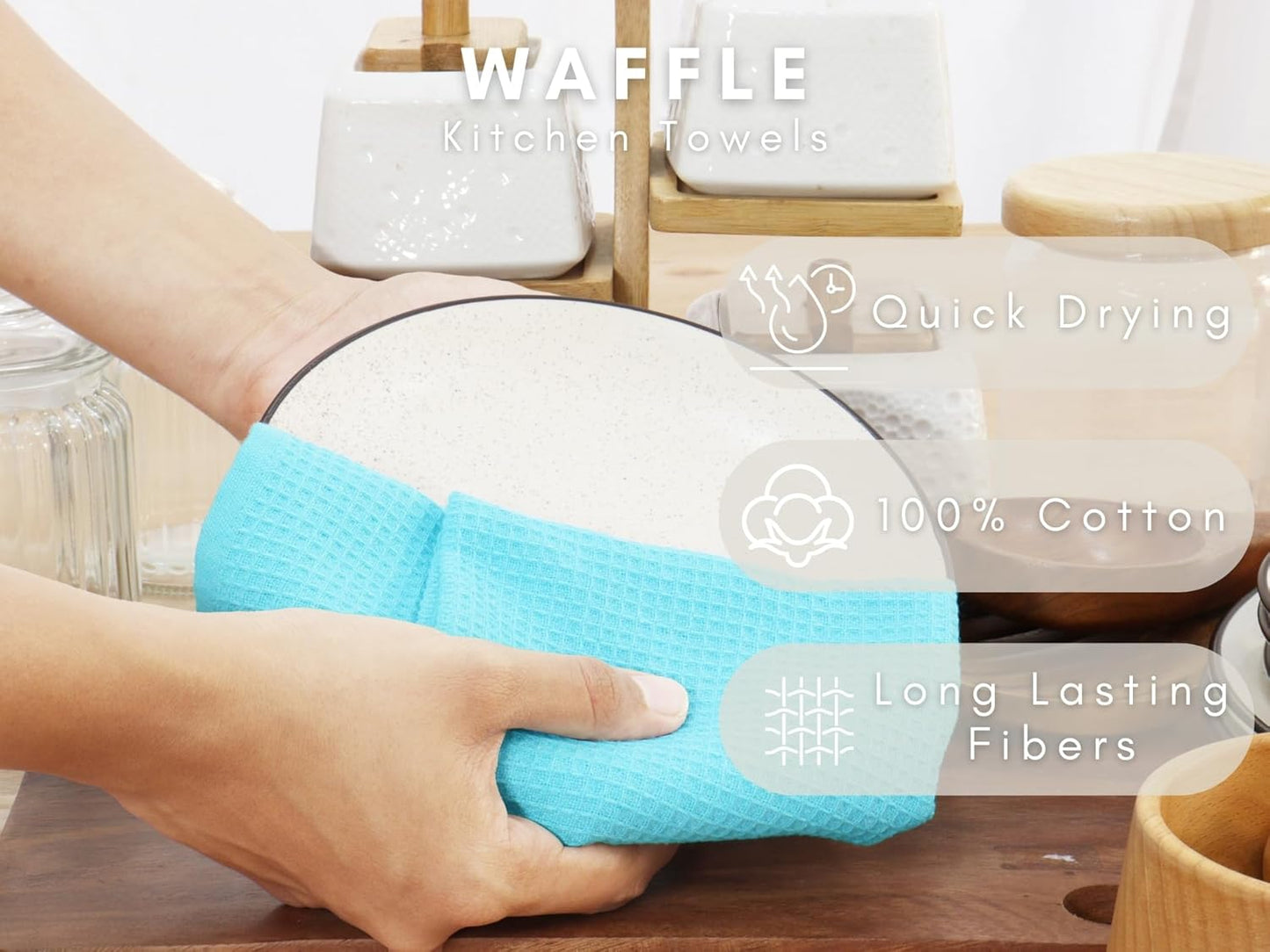 PurpleEssences Waffle Weave Kitchen Towel, 100% Cotton - 15 x 25 Inches, with Hanging Loop Ultra Soft Absorbent Quick Drying Dish Cloth, Tea and Hand Towels, 6 Pack - Spring Summer - Aqua Blue