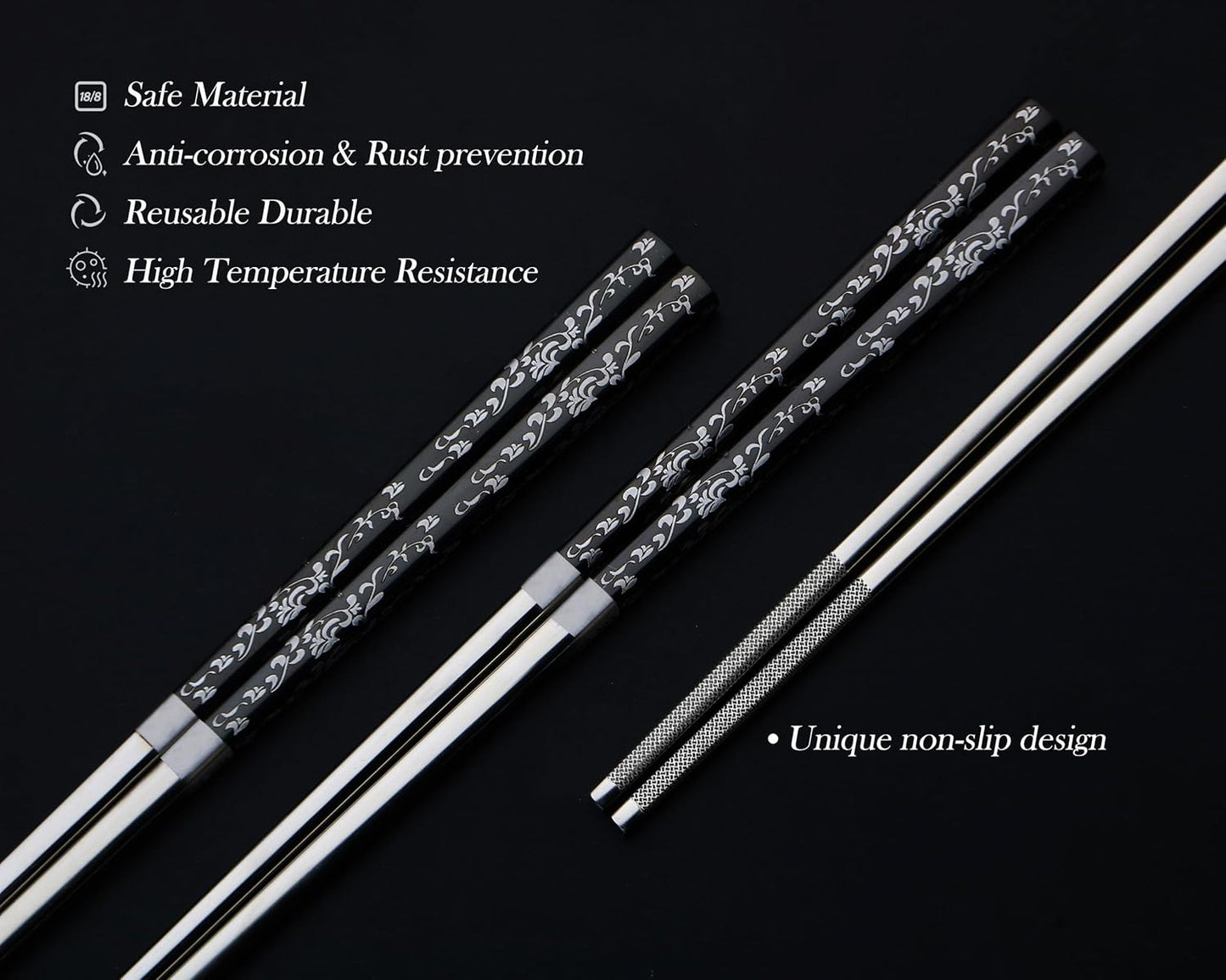 Stainless Steel Chopsticks With Case - Titanium Plated, Reusable, Non-slip, Engraved, Dishwasher Safe - 5 Pairs Set (BJ-Black05)