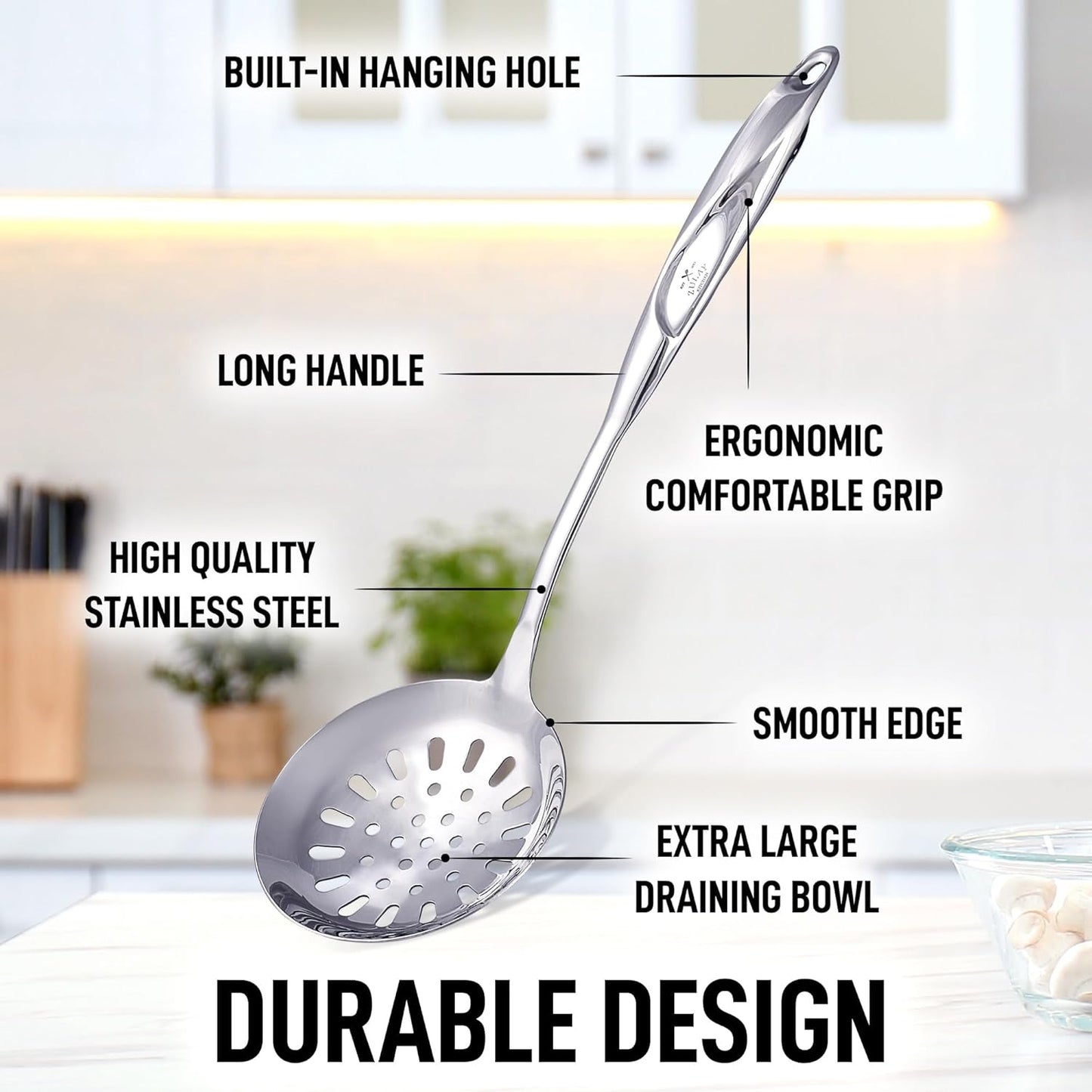 Zulay Kitchen Stainless Steel Slotted Serving Spoon - Large Frying Spoon Skimmer - Durable Utensil with Ergonomic, Easy to Use Handle - Easy to Clean, Perfect for at Home Cooks & Chefs - 14.5”