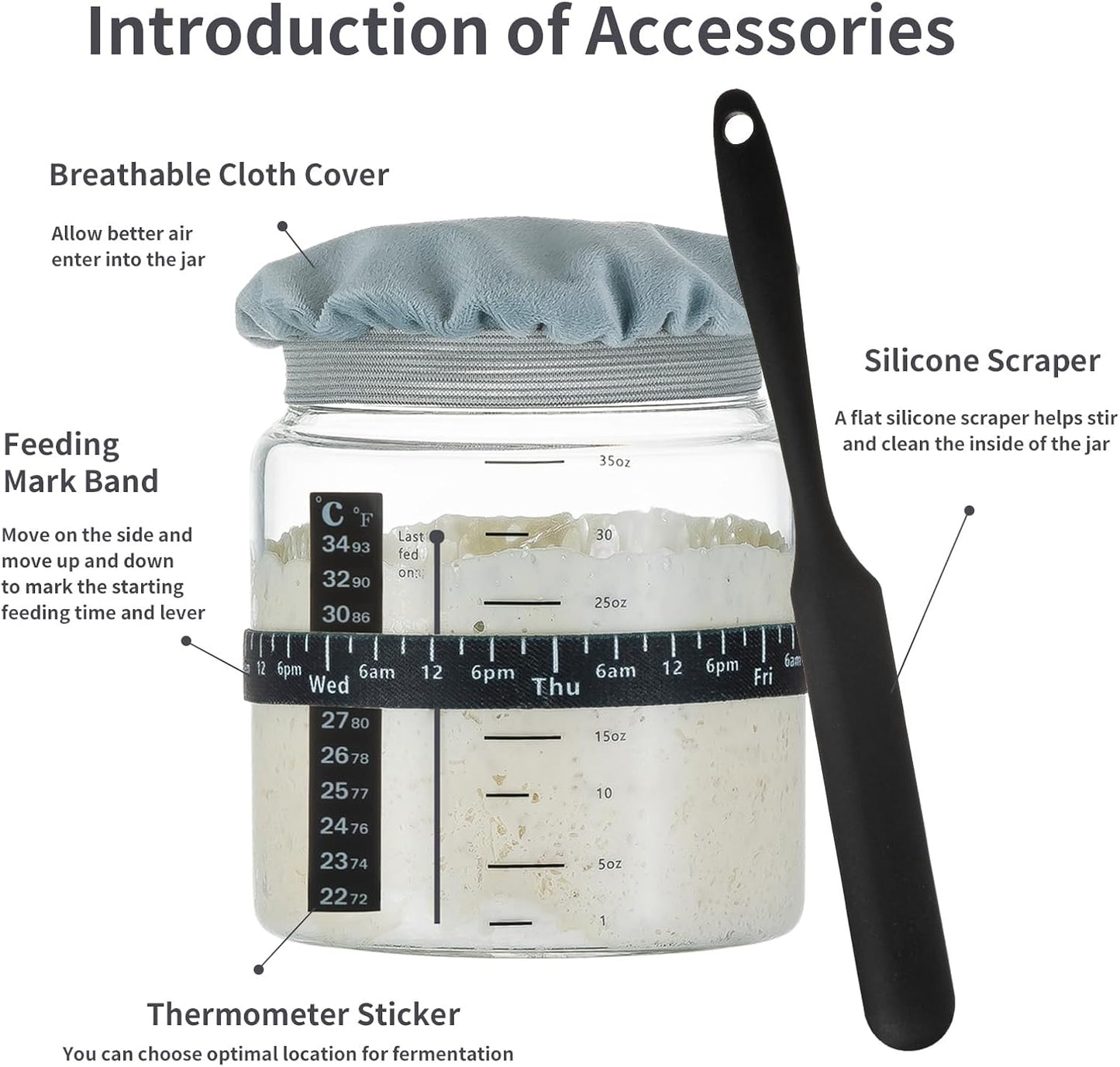 Wissy&Konny Sourdough Starter Jar 2Pack 35OZ with Ounce Scale Line,Date Marked Feeding Band, Thermometer, Sourdough Jar Scraper, Cloth Cover & Wood Lid, Wide Mouth for Sourdough Bread Baking