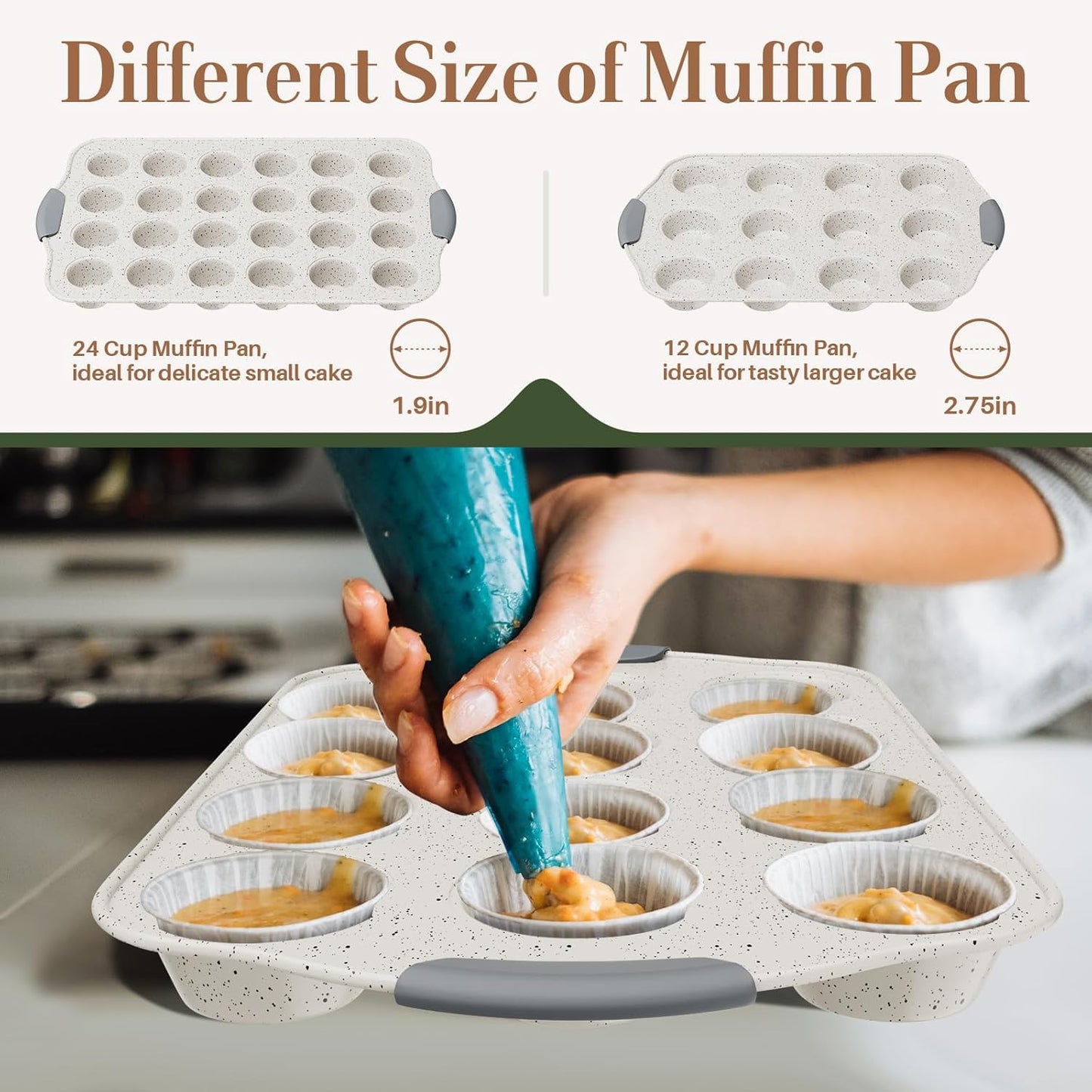 10-Piece Nonstick Baking Pans Set, Stackable Non Toxic Bakeware Sets with Cookie Sheets, Cake Pan, Loaf Pan, Pizza Pan, Muffin Pan, White&Gray