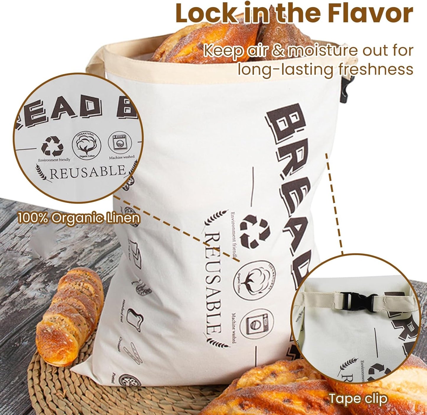 2-Pack Bread Bags, Reusable Bread Bags for Homemade Bread, Buckle Closure,Fresh Keeping Extra Large Bags, Food Bag (White)