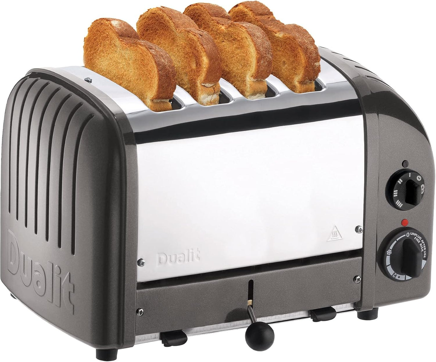 Dualit Classic 4 Slice NewGen Toaster - Stainless Steel - Hand Built in the UK - Replaceable ProHeat elements - Defrost Bread - Mechanical Timer - Charcoal Classic Toaster