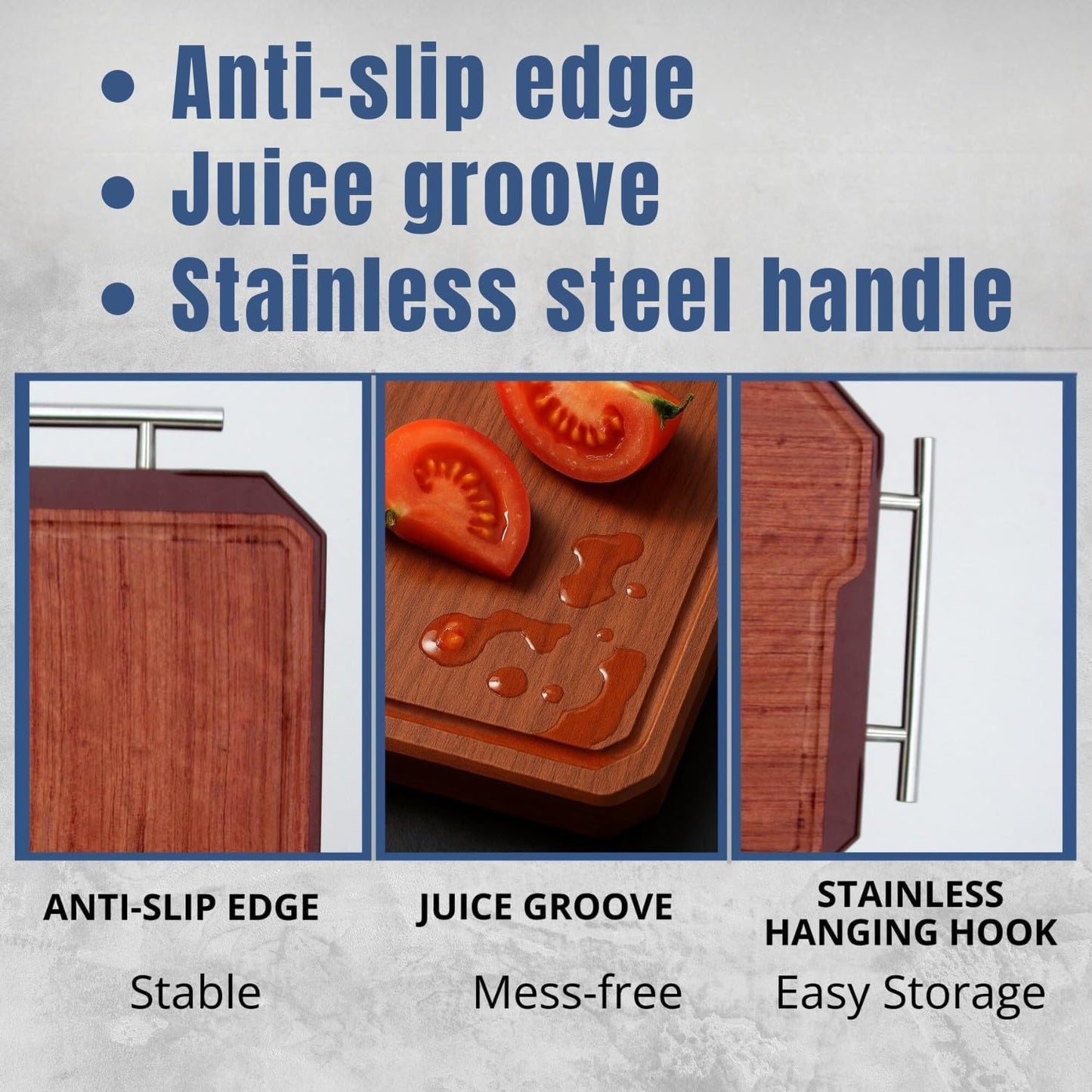 2-in-1 Wooden Cutting Board – 17.7"x11.8", Ebony & Stainless Steel – Double-Sided | Juice Groove | Handle for Hanging | Meat, Cheese, Veggies | BPA-Free & Dishwasher Safe