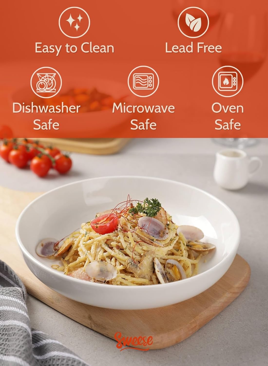 Sweese Large Salad Serving Bowls, 30 Ounce Porcelain White Pasta Plates Set of 6, 8.4 Inch Pasta Bowls for Dinner, Salad - Microwave Dishwasher