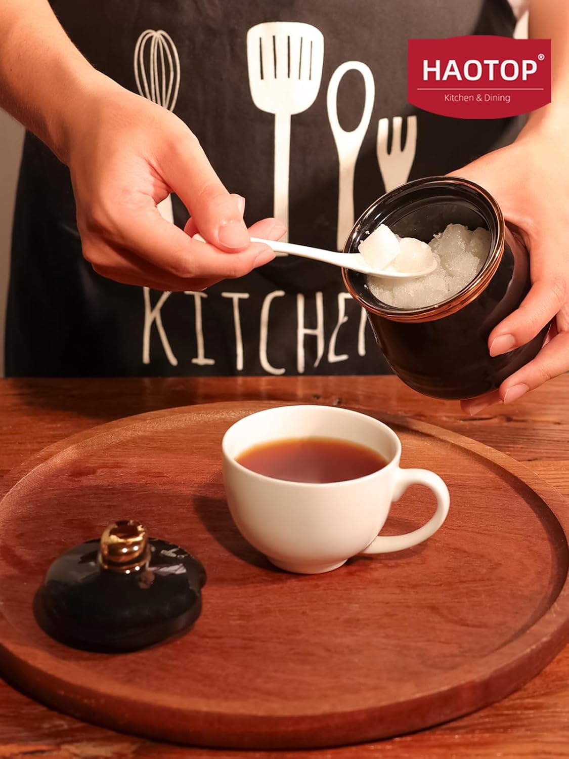 HAOTOP 12oz Sugar Bowl with Lid and Spoon,Simple Ceramic Sugar Jar Sugar Container Sugar Dispenser Coffee Bar Accessories, Modern Kitchen Countertop Canisters, Black