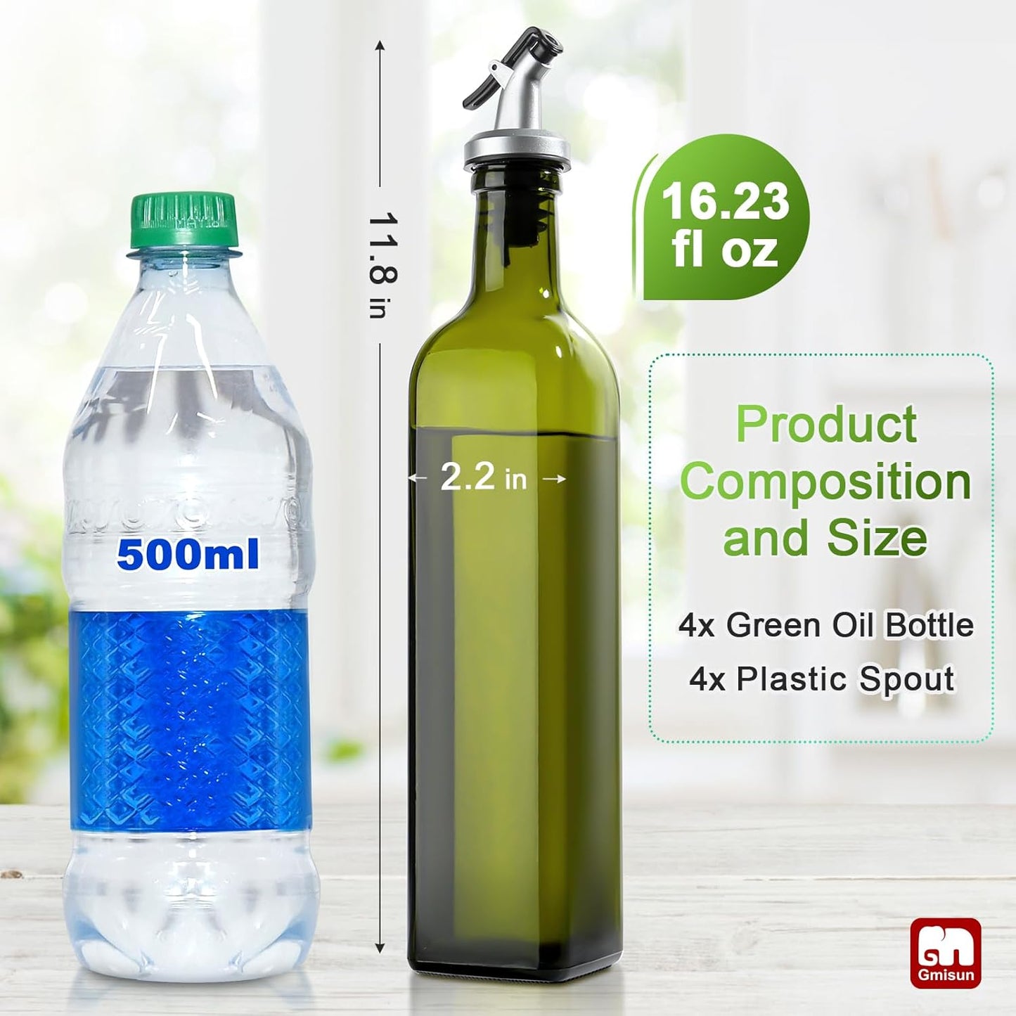 GMISUN Olive Oil Dispenser Bottle 4 Pack, Olive Oil Dispenser for Kitchen 17oz, Glass Cooking Soy Sauce Bottle Container Cruet with Plastic Pourer Spout, Green