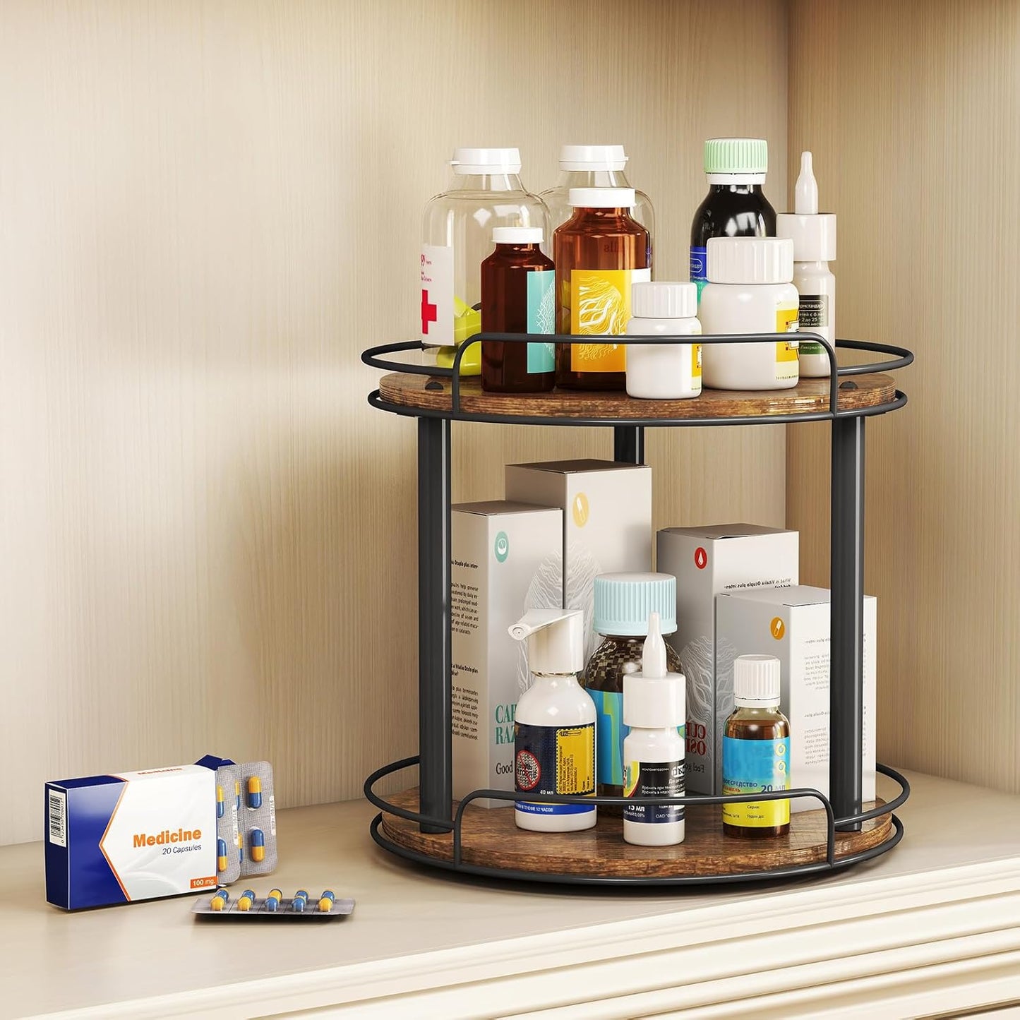 LAMU 10.2'' Wood Lazy Susan Turntable Organizer for Cabinet, 2 Tier Lazy Susan Spice Rack Organizer for Kitchen, Table Top, Countertop, Pantry, Medicine Organizer