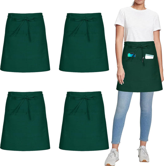 4 Pack Short Server Waitress Chef Apron, Green Waist Aprons with 3 Pockets for Women Men, Half Apron for Waiter Cooking Dishwashing Cleaning Painting Gardening Barbecue (Polycotton - Green)