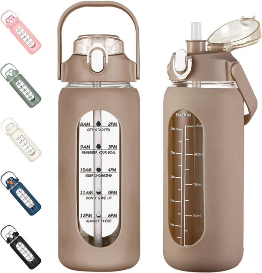 kytffu 56oz Glass Water Bottles with Straw, Motivational Glass Bottle with Silicone Sleeve and Time Marker, Leakproof Large Glass Water Jug for Gym Home Office,Amber