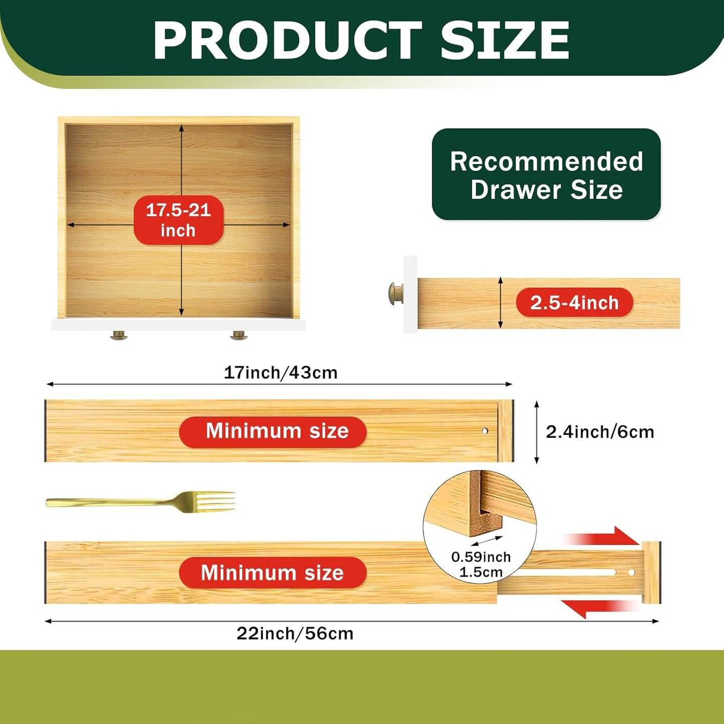 Lzerking Kitchen Drawer Dividers 6 Pack, 17-22" Adjustable Bamboo Drawer Organizers Large, Spring Loaded, Expandable Utensil Organizer, Works in Kitchen, Dresser, Closet, Bathroom, Bedroom