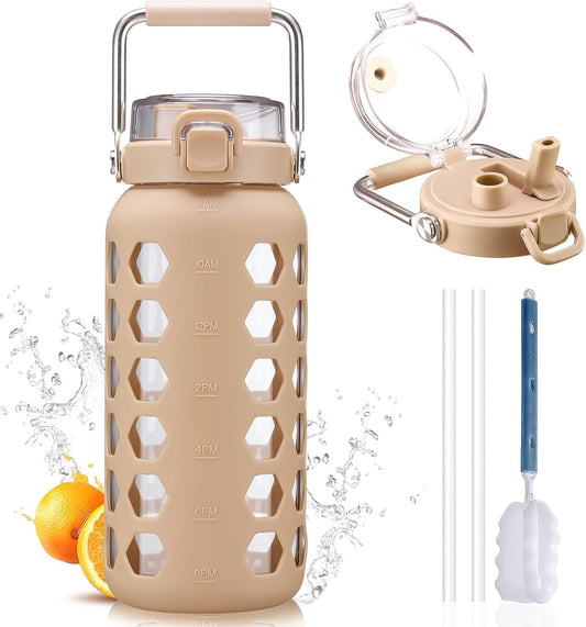 MUKOKO 64oz Glass Water Bottles with Straw and Lid,Half Gallon Water Bottle with Time Marker,Large Glass Water Jug with Silicone Sleeve and Stainless Steel Handle-Amber