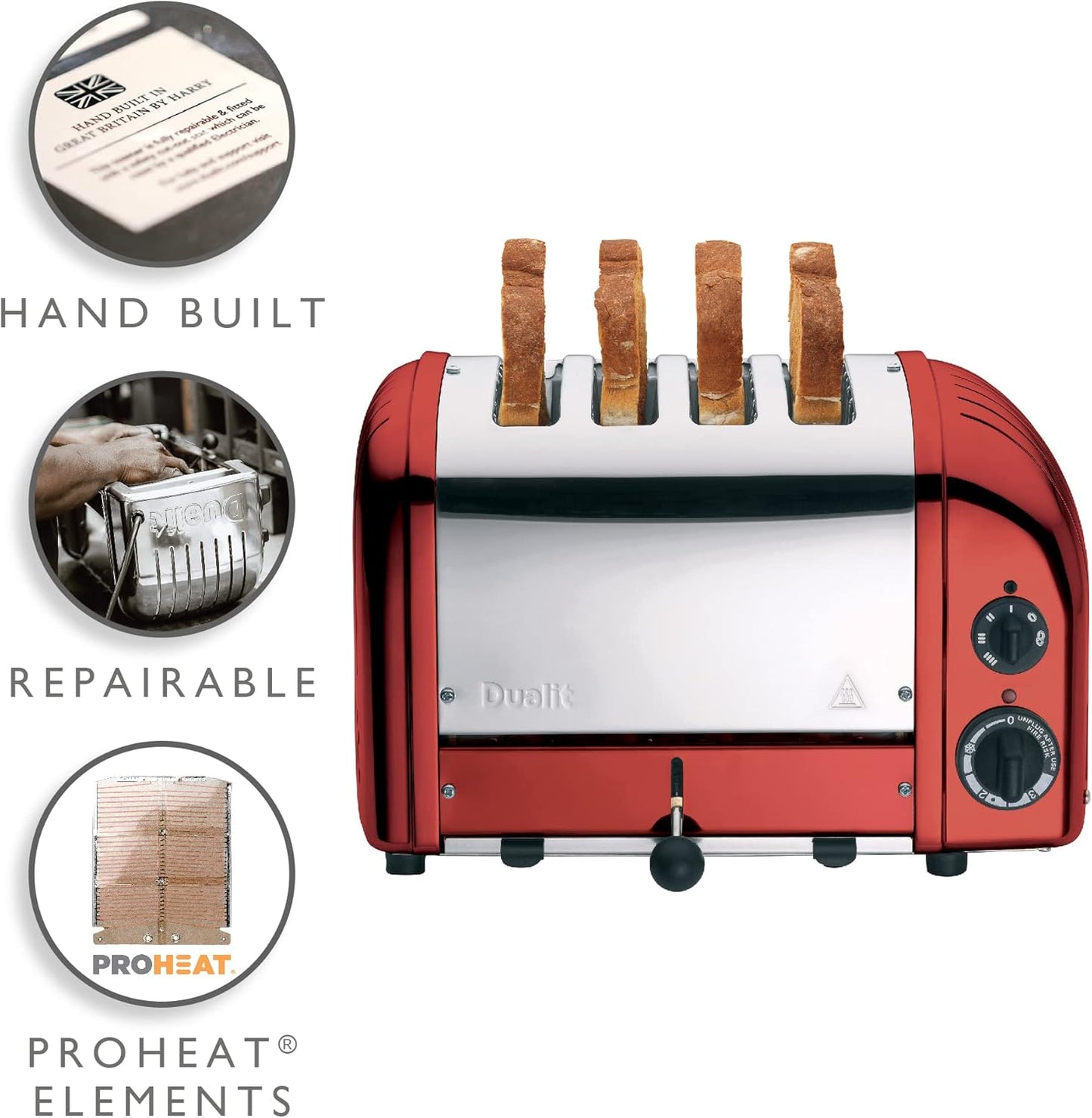 Dualit Classic 4 Slice NewGen Apple Candy Red Toaster - Hand Built in the UK – Replaceable ProHeat® Elements - Heat 1/2/3/4 Toast Slices, Defrost Bread, Mechanical Timer - For Toast, Bagels & More