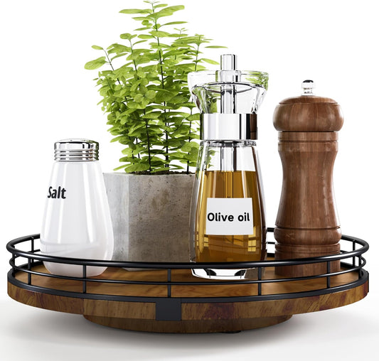 Farmhouse Oak 10" Lazy Susan Turntable Organizer for Cabinet, Round Wooden Lazy Susan Organization and Storage for Dining Table, Pantry, Kitchen, Countertop, Cupboard,Home Decor, Walnut Wood