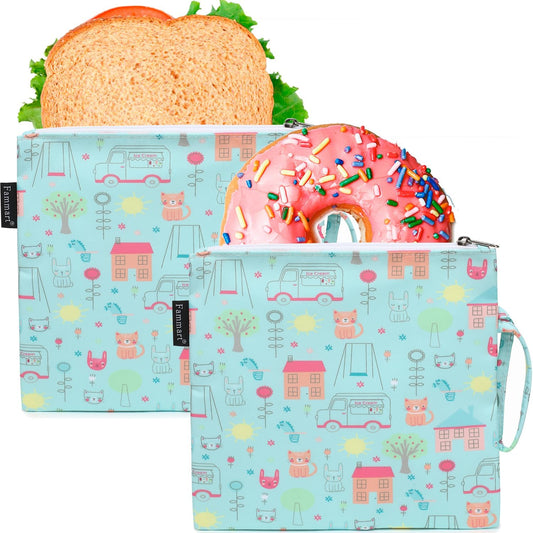 Reusable Sandwich Bag/Snack Bag for Kids & Adults, Dual Layer Lunch Bag with Handle, Washable, Food Safe, BPA Free (2-Pack, Colorful Cat)