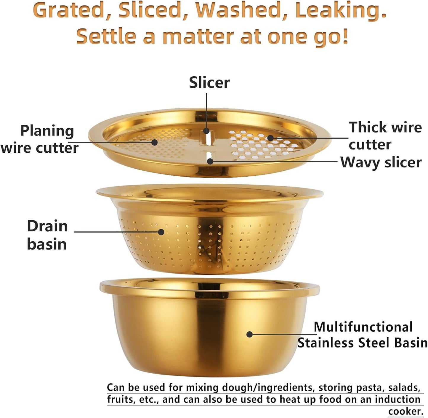 Meisha Colander, 3Pcs Stainless Steel Kitchen Tool 3 in 1 Drain Basket Fruit and Vegetable Cutter Strainer Bowl Set Drain Pot Basket Grater for Fruits Vegetables Rice Washing Mixing - Gold