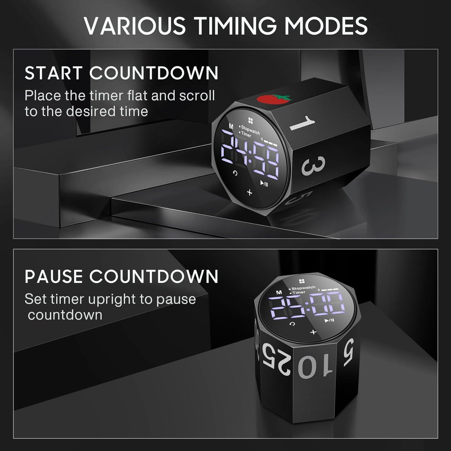 Digital Pomodoro Timer,Frosted Metal Productivity Cube Timer,1.8 In LED Digital Large Screen and Auto-rotating Display,1/3/5/10/25/30/60min & Custom Time, Silent & Alarm,for Office, Study, Work(Black)