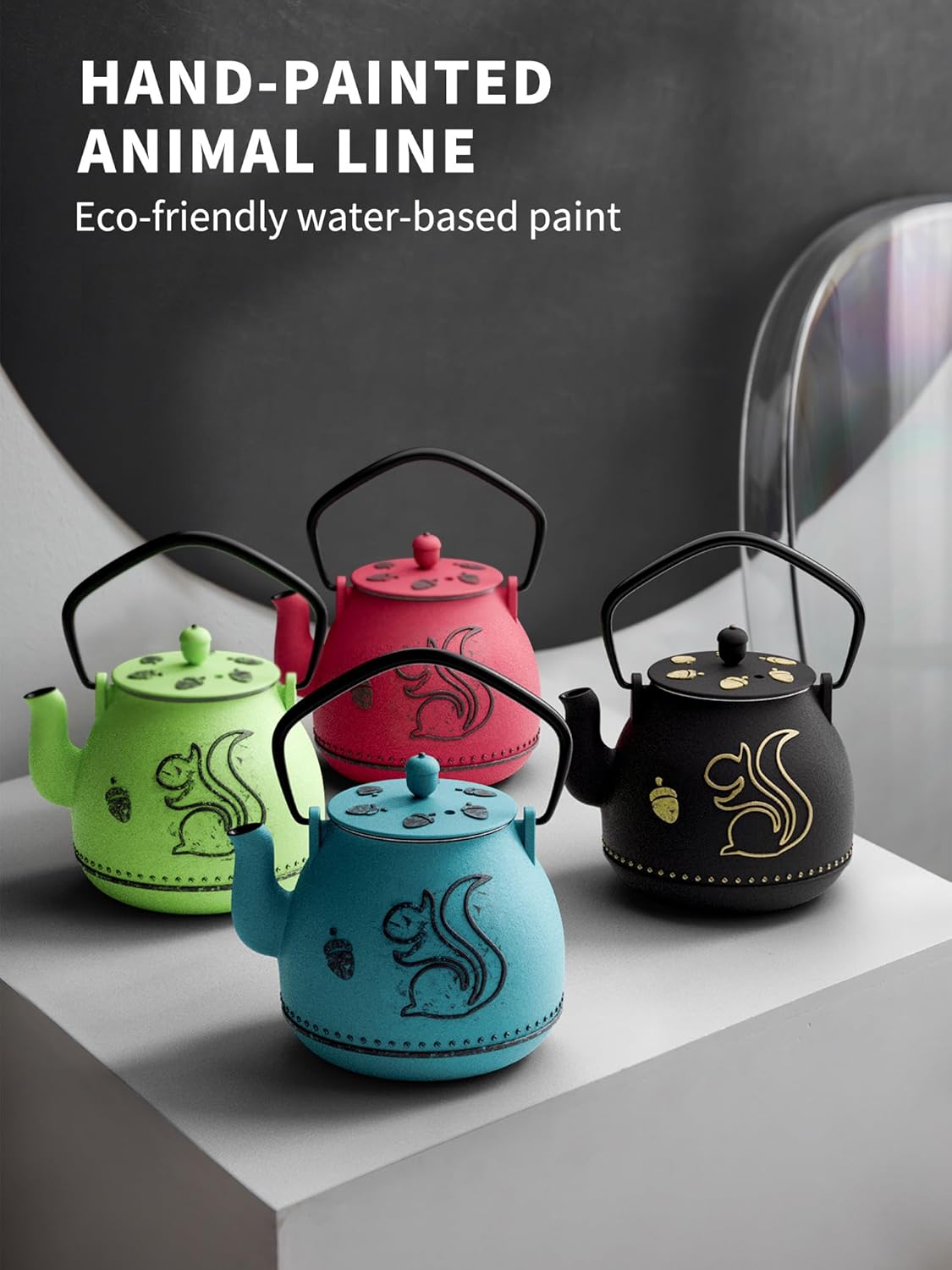 Toptier Teapot with Removable Infuser, Cast Iron Tea Kettle Stovetop Safe, Squirrel Design Tea Pot Coated with Enameled Interior for 32 Ounce (950 ml), Black