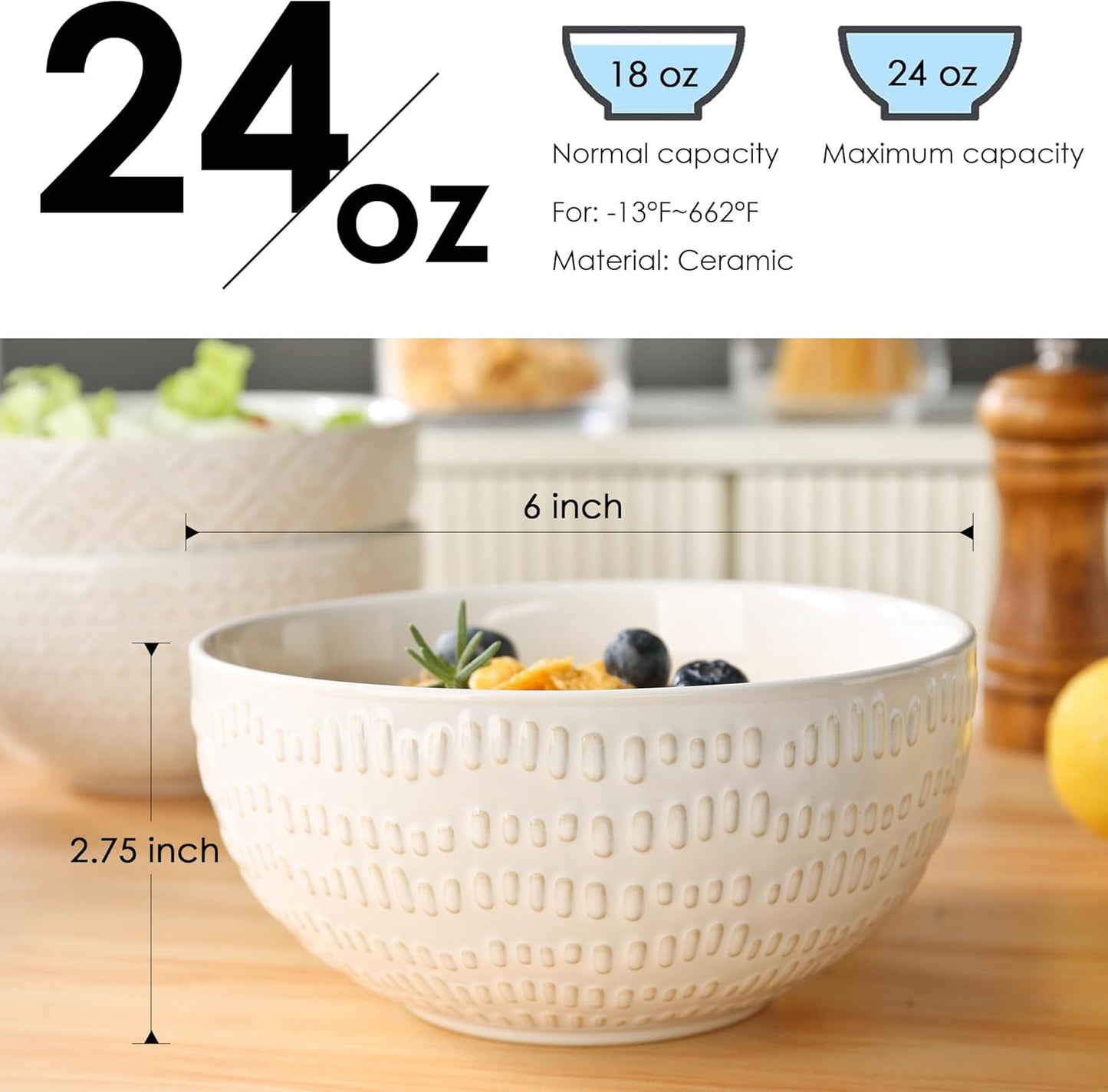 24 OZ Large Soup Bowls Set of 4, Farmhouse Embossment Ceramic Cereal Bowls for Salad, Serving, Fruit, Snack, Noodle, Ramen, Pho, Microwave & Dishwasher Safe, 6 Inch White