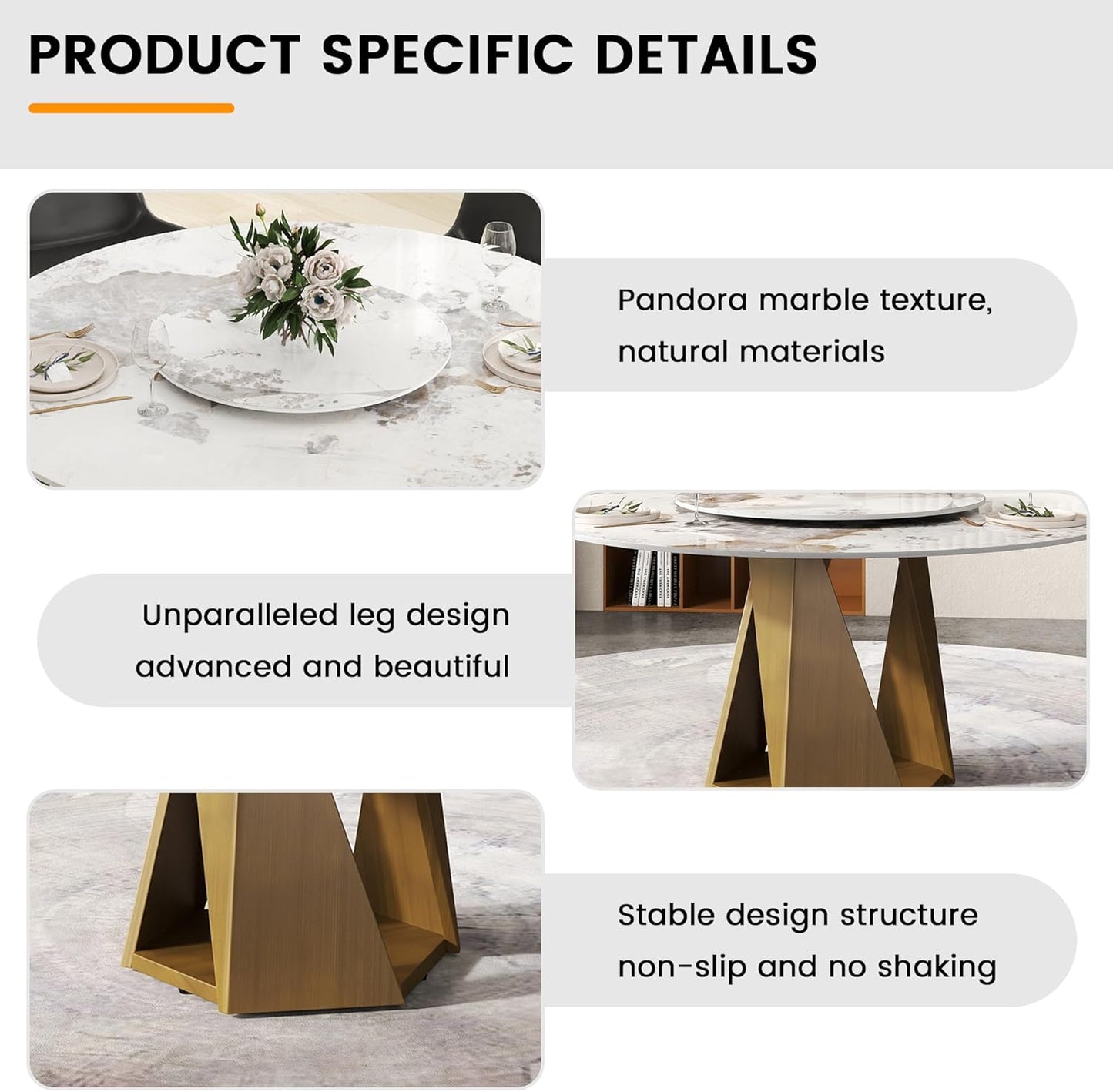 Montary 9 Piece Dining Table Chairs Set, Modern Dining Table Set of 8, Includes 59" D Marble Round Table with Bronze Iron Metal Base, 8 Gray White Dining Chairs for Home, Kitchen