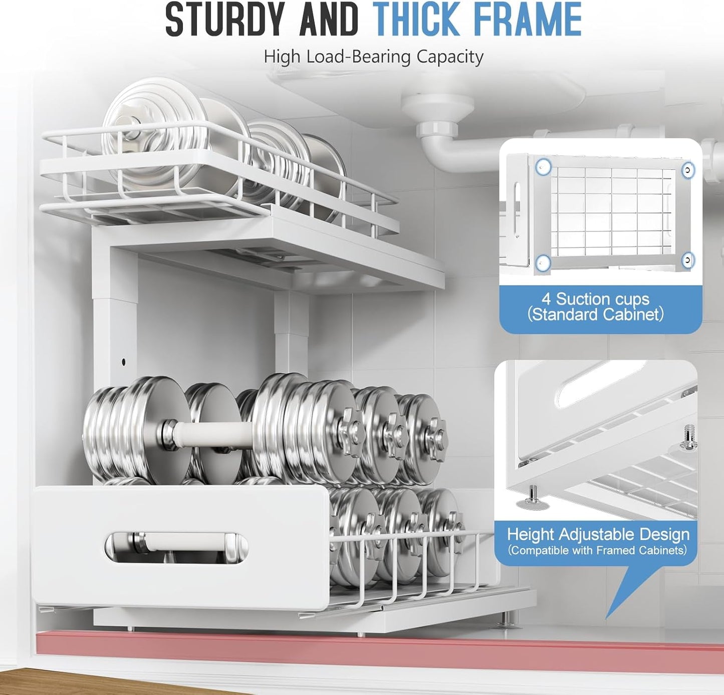 1 Pack Under Sink Organizer Upgrade To Professional Rails,2-Tier Dual Pull Out Cabinet Storage,Height Adjustable Slide Out Drawers For Bathroom Kitchen,Under Sink Shelf-White