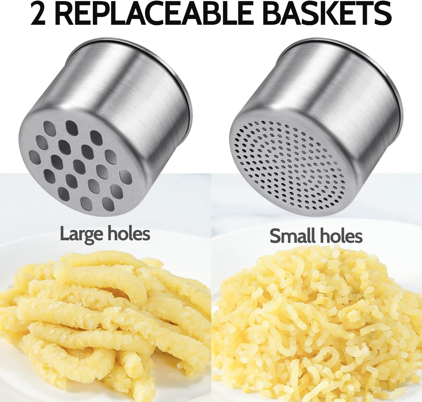 Potato Ricer, Sopito Stainless Steel Potato Masher with 2 Interchangeable Cups for Mashed Potatoes, Heavy Duty Kitchen Gadget for Home Use