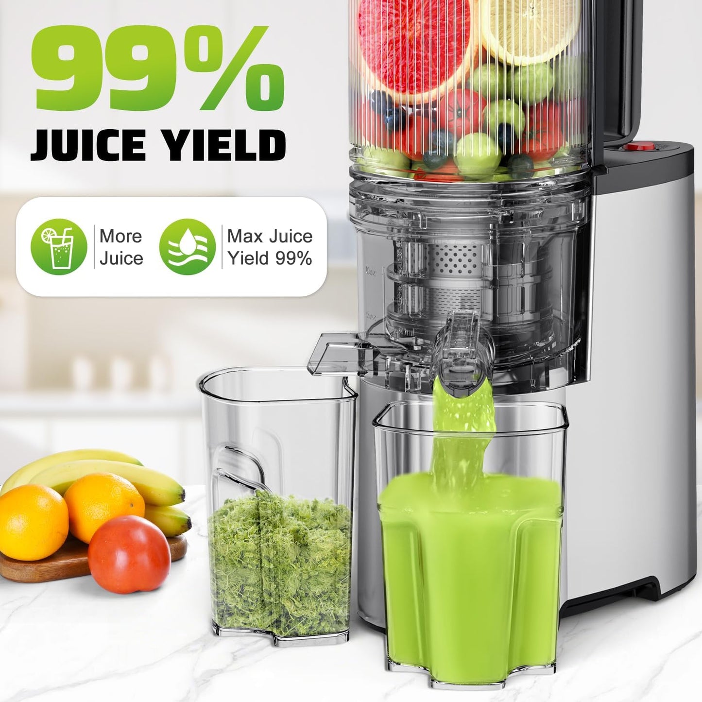 Cold Press Juicer, 5.3" Wide Feed Chute Juice Extractor Machine with 400W, High Juice Yield, Slow Masticating Juicer for Whole Vegetables & Fruits, Metallic Silver
