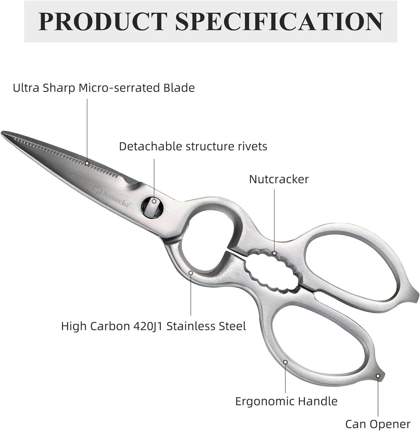 Sunnecko Heavy Duty Kitchen Scissors - Stainless Steel Kitchen Shears, Ultra Sharp Micro Serrated Poultry Shears, Cooking Scissors for Meat, Dishwasher Safe