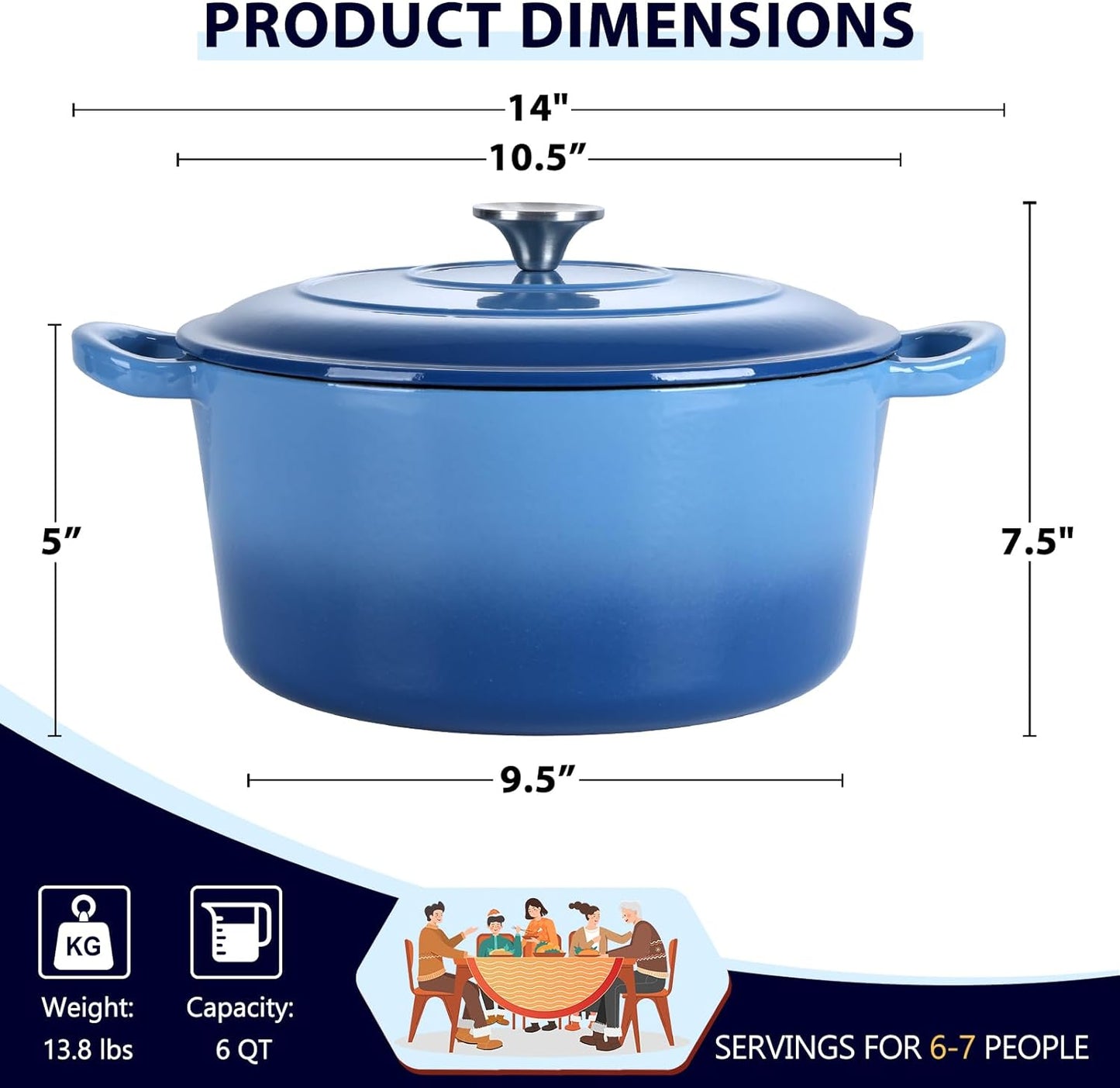 E-far 6 Quart Enameled Cast Iron Dutch Oven with Lid, Round Dutch Oven Pot Nonstick Cookware for Braising, Stews, Roasting, Bread Baking, Cooking, Heavy Duty, Induction & Oven Safe - Blue