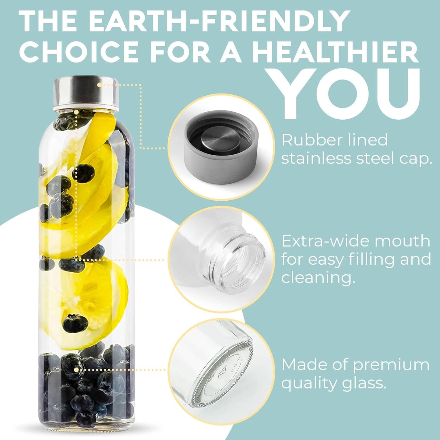 Epica 18-Oz Glass Water Bottles with Lids, Juice Bottles - BPA Free & Eco-Friendly Reusable Refillable Bottles for Juicing, Set of 4 - Clear