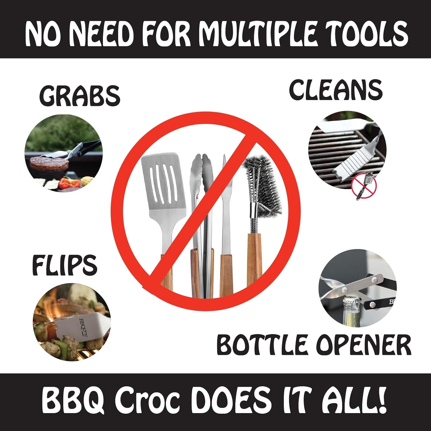 BBQCroc 3 in 1 Barbecue Tool 21-inch - Extra Light and Long Tongs, Spatula and Grill Scraper (Black)