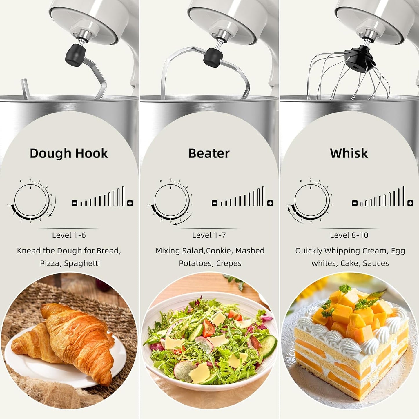 Electric Stand Mixer,10 Speeds Tilt-Head Food Mixer, 3-IN-1 Kitchen Mixer for Daily Cooks with Dishwasher-Safe 6QT Bowl,Dough Hook, Beater, Whisk (Almond Cream)