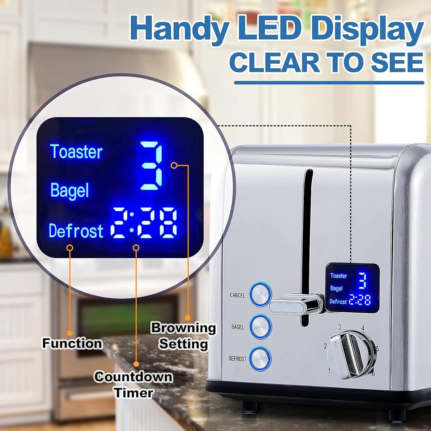 CUSIMAX Stainless Steel 2 Slice Toaster with LED Display, Extra-wide Slots, 6 Browning Settings, Cancel/Bagel/Defrost, Removable Crumb Tray, Silver