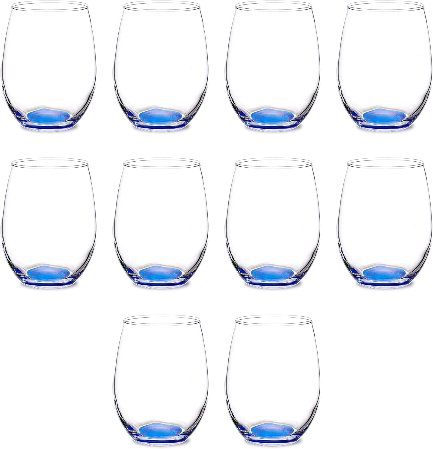 DISCOUNT PROMOS Stemless Wine Glasses in Bulk by ARC Perfection, 15 oz -10 pack, Red or White Wine Glass Drinking Set, Blue