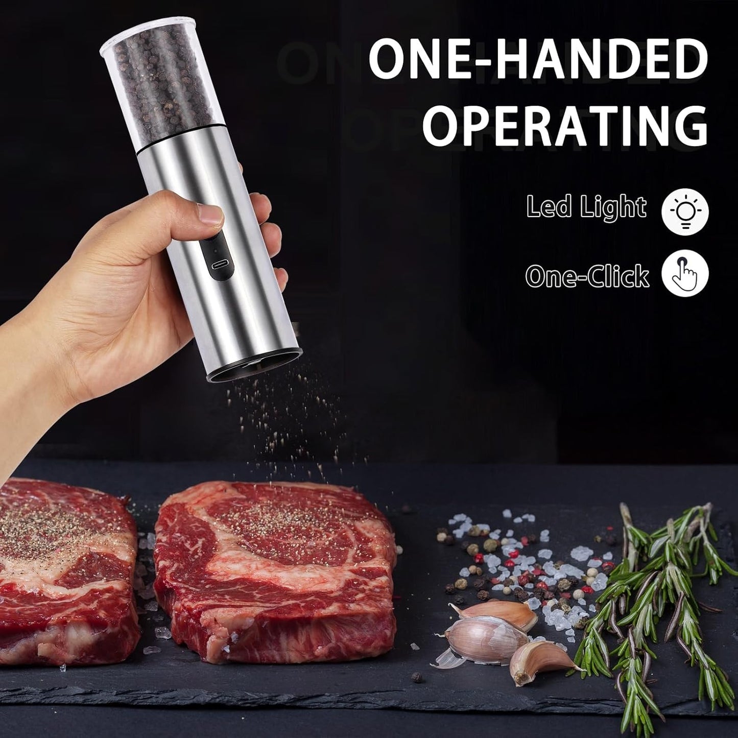 Electric Salt and Pepper Grinder Set, Rechargeable Salt and Pepper Shakers Refillable, Automatic Pepper Mill with Adjustable Coarseness, One Hand Operation with LED light, Stainless Steel